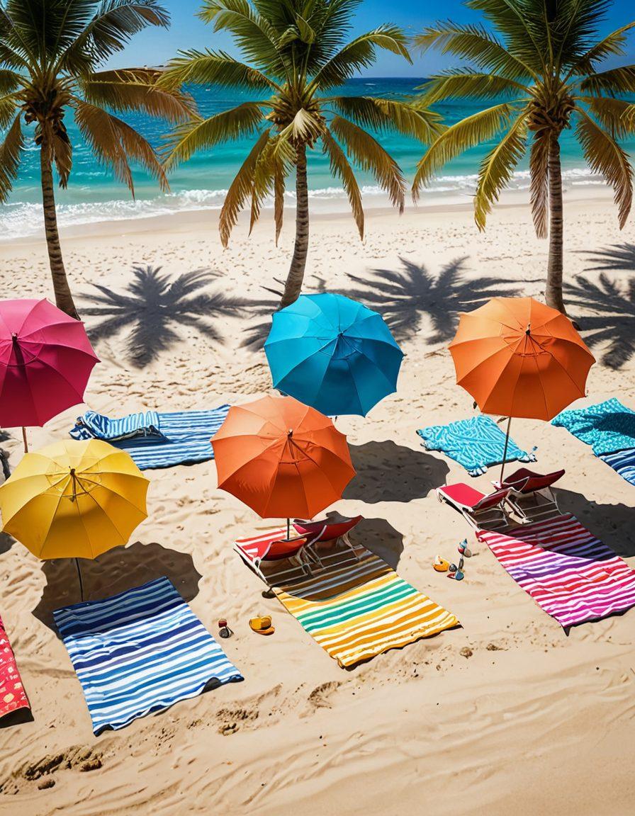 A vibrant beach scene featuring diverse women in chic swimwear, soaking up the sun with beach umbrellas and colorful towels. Showcase a variety of swimsuits like bikinis, one-pieces, and trendy cover-ups, all in bright, sunlit colors. Include tropical drinks, beach balls, and palm trees in the background for a lively summer vibe. super-realistic. vibrant colors. summer theme.